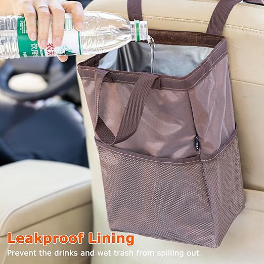 Ginsco New Leak-Proof Travel Trash Bag, Hanging Car Trash Can with Hook and Loop Lid and Handle, Multipurpose Trash Bin with Storage Pockets for Car SUV Truck RV Camping 2 Gallons (Brown)