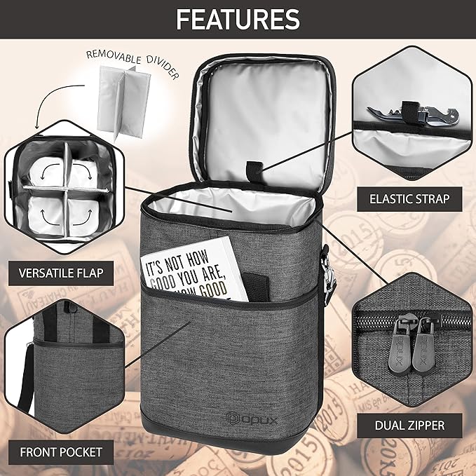 Opux Insulated Wine Tote, 4 Bottle Cooler Bag - Leakproof, Padded Portable Carrier for Travel, Picnic, BYOB - Gift for Wine Lovers (Charcoal Gray)