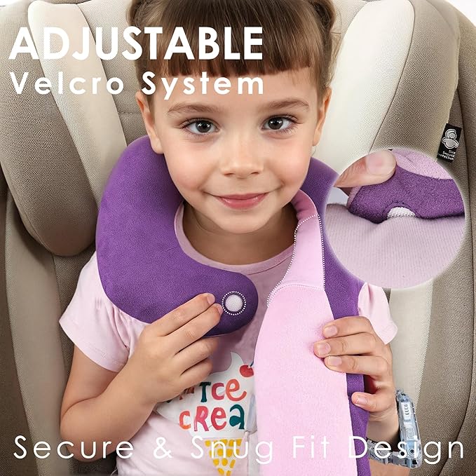 Kids Travel Neck Pillow, Toddler Travel Pillow for Car & Airplane and Head & Chin Support, Comfortably Travel Neck Pillow for Road Trip Sleeping, Gifts for Toddler/Kids (Deep Purple & Light Purple)