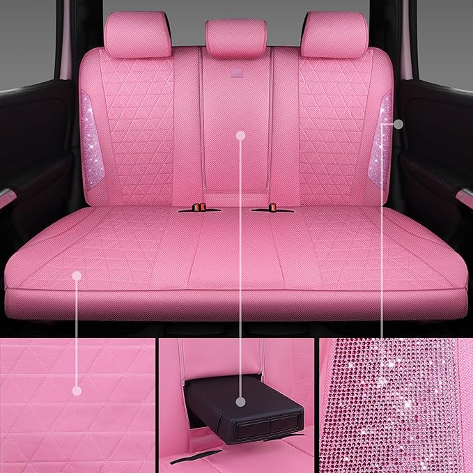 CAR PASS Pink Oxford Bling Diamond Car Seat Covers Full Set Interior Sets, Waterproof Shining Glitter Sparkly Crystal Universal Armrest Fit 95% Automotive Truck SUV Cute Women Girl, Pink Rhinestone
