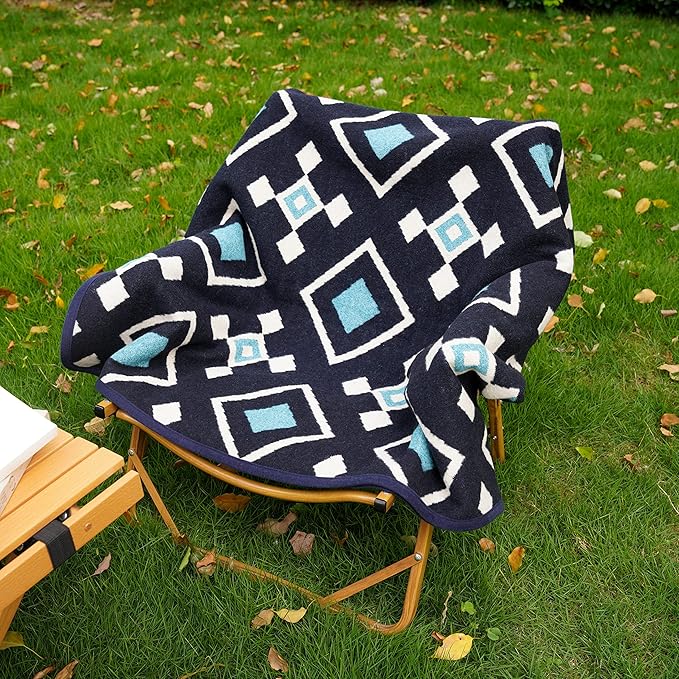 PuTian Merino Wool Blanket - 51" x 63" Thick Warm Soft Twin Wool Throw - Great for Bed, Camping, Outdoor, Car, Pets, Travel, Blue Check