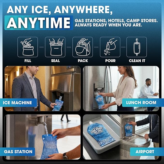 Large Leakproof Ice Bag. Reusable Ice Pack for Cooler - Long Lasting Instant Cooler Ice Packs - Drop in Cubed Ice to Make Cold, Dry Freezer Packs for Coolers - Drink Your Ice When It Melts