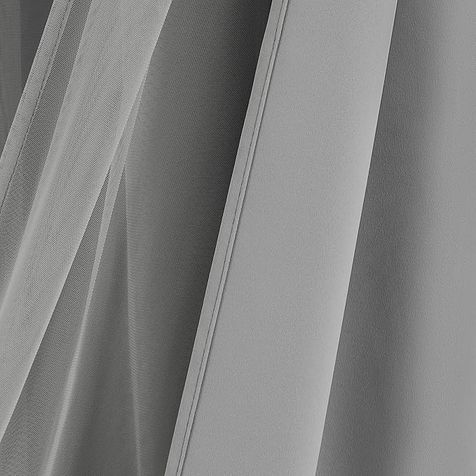 Bujasso Grey 90% Blackout Curtains with Sheer Overlay Mix and Match Double Layer Window Curtains Thermal Insulated 102 inch for Living Room Bedroom Gray Drapes with Tiebacks Grommet Top 54" Wx102 Lx2