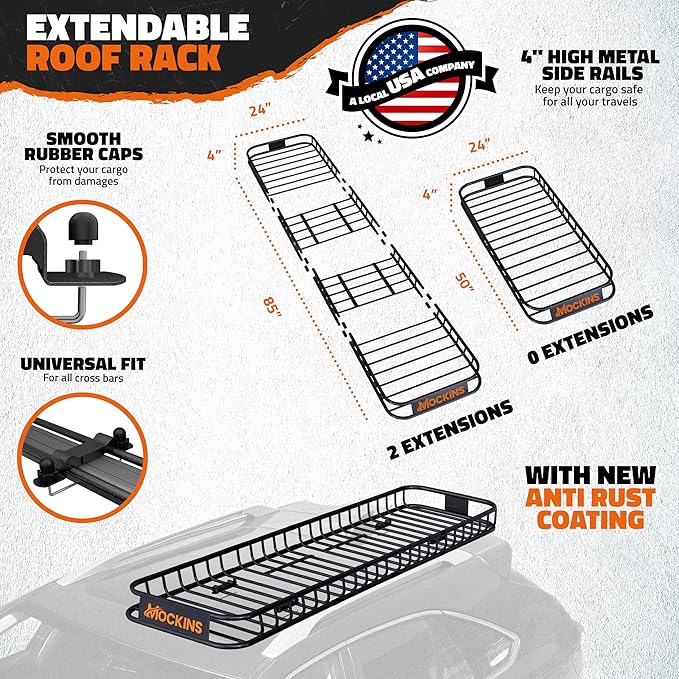 Mockins 85"x24"x4" Extendable Skinny Roof Rack Cargo Carrier w/ 20 CuFt Soft-Shell Rooftop Cargo Bag for Top of Car | 250 Lbs Cap Weatherproof Narrow Car Top Carrier Set w/Straps, Lock, & Carry Case