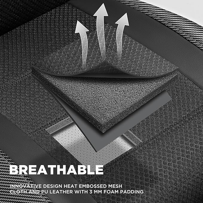 PIC AUTO Car Seat Covers, Premium Leather and Air Mesh with Carbon Fiber Automotive Sports Seat Covers, Two Front Set, Airbag Compatible Universal Fits Most Cars, SUVs, Trucks and Vans (Black & Black)