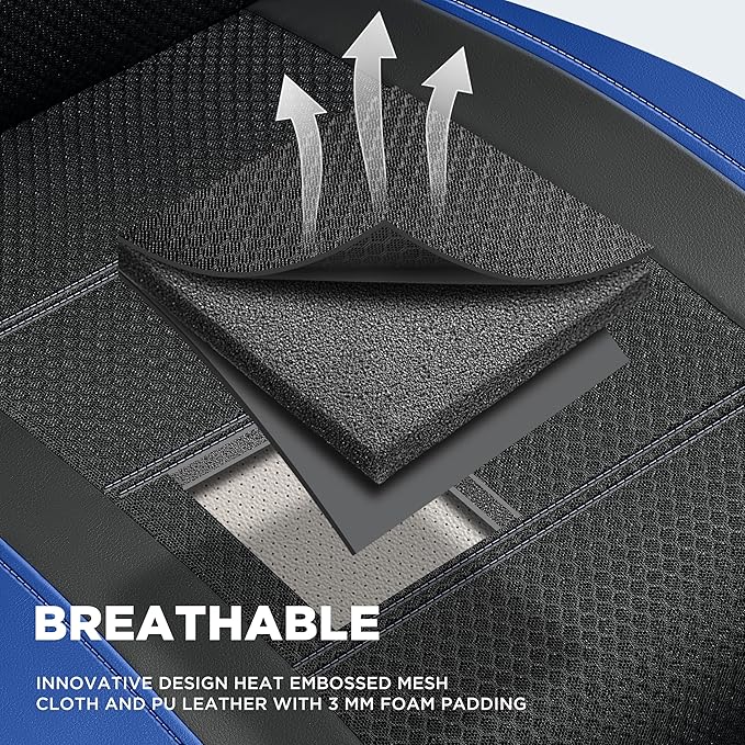 PIC AUTO Car Seat Covers, Premium Leather and Air Mesh Automotive Sports Seat Covers, Two Front Set, Airbag Compatible Universal Fits Most Cars, SUVs, Trucks and Vans (Black & Blue)