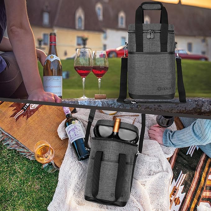 Opux Insulated Wine Tote, 4 Bottle Cooler Bag - Leakproof, Padded Portable Carrier for Travel, Picnic, BYOB - Gift for Wine Lovers (Charcoal Gray)