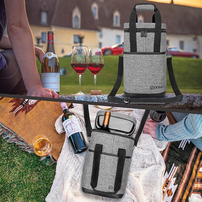 Opux 4 Bottle Insulated Wine Cooler Bag - Leakproof Padded Portable Wine Bottle Tote for Travel Picnic BYOB - Heather Gray