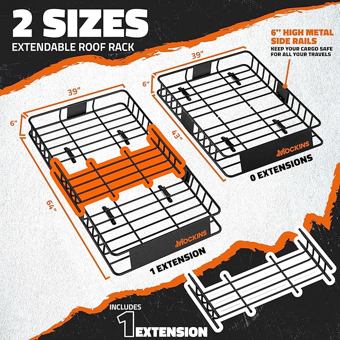 Mockins 64"x39"x6" Extendable Roof Rack Cargo Carrier | 250 Lbs. Capacity Weatherproof Steel Roof Basket | Rooftop Cargo Carrier Set w/Ratchet Straps & Bungee Net for SUV, Van, & Car Roof Storage