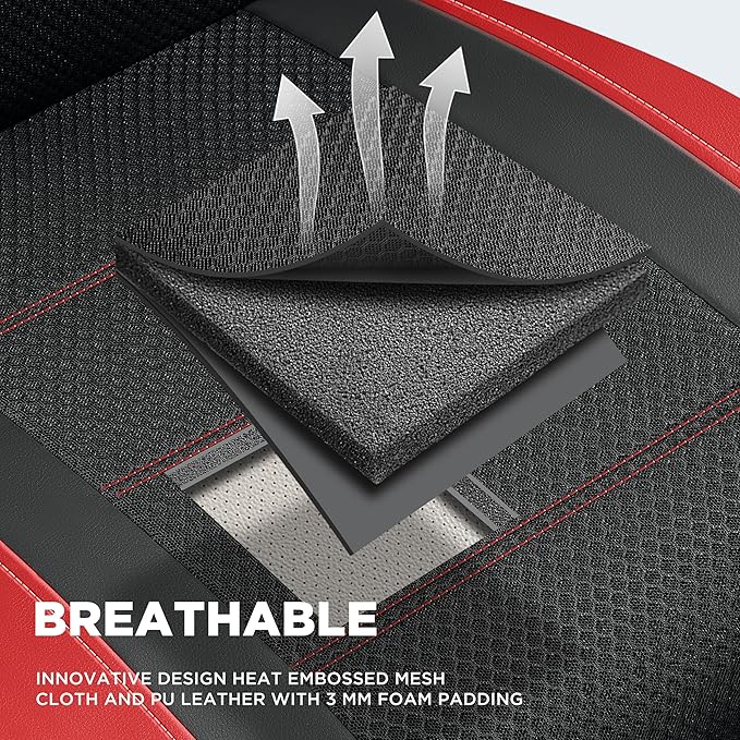 PIC AUTO Car Seat Covers, Premium Leather and Air Mesh Automotive Sports Seat Covers, Two Front Set, Airbag Compatible Universal Fits Most Cars, SUVs, Trucks and Vans (Black & Red)
