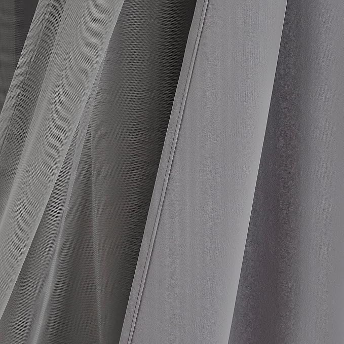 Bujasso Grey 90% Blackout Curtains with Sheer Overlay Mix and Match Double Layer Window Curtains Thermal Insulated 72 inch for Living Room Bedroom Gray Drapes with Tiebacks Grommet Top 37" Wx72 Lx2