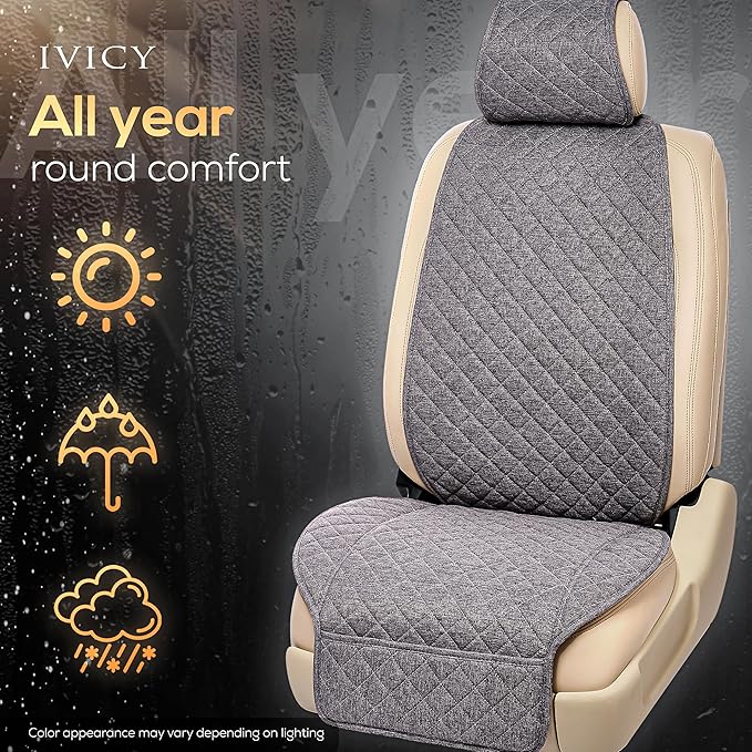 IVICY Faux Linen Front Car Seat Cover – Durable, Non-Slip Seat Protector for Cars – 1 Unit, Cool Gray