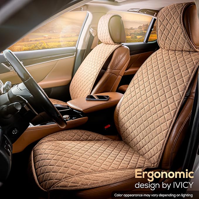 IVICY Faux Linen Front Car Seat Cover – Durable, Non-Slip Seat Protector for Cars – 1 Unit, Light Brown