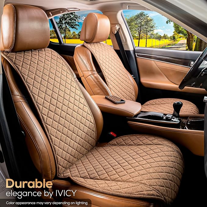 IVICY Faux Linen Front Car Seat Cover – Durable, Non-Slip Seat Protector for Cars – 1 Unit, Light Brown