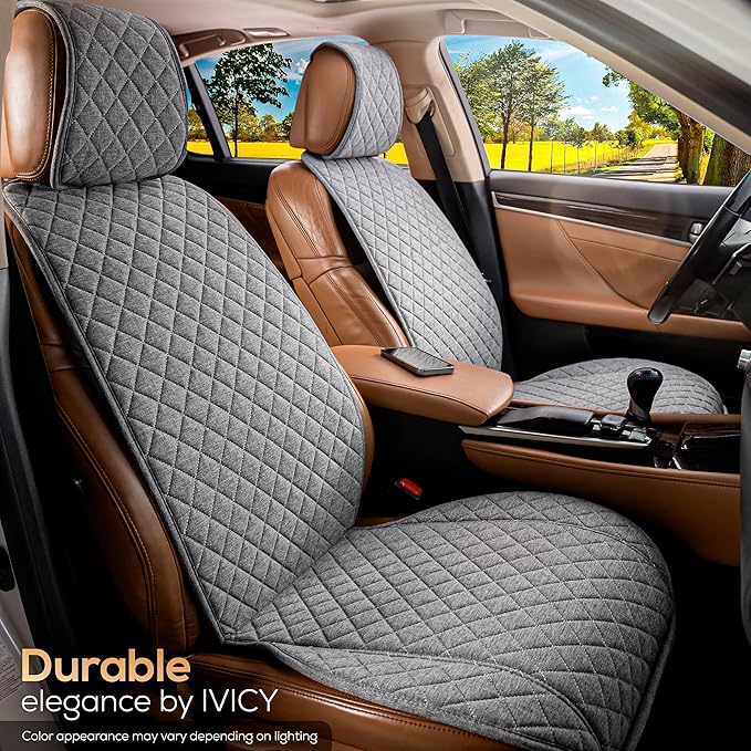 IVICY Faux Linen Front Car Seat Cover – Durable, Non-Slip Seat Protector for Cars – 1 Unit, Cool Gray