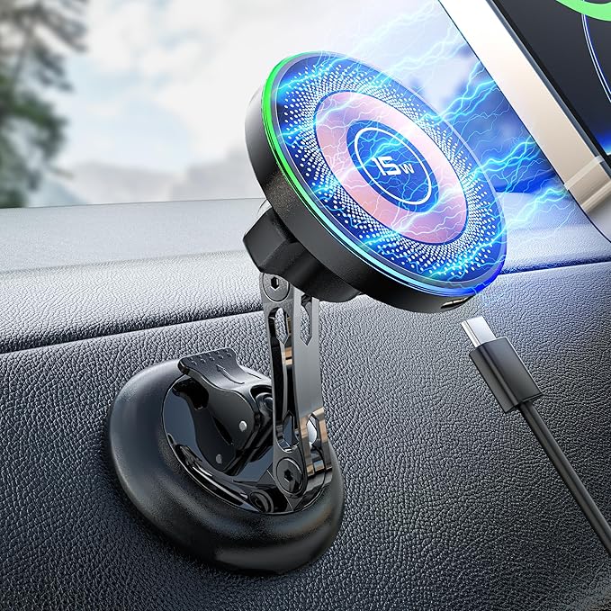 MagSafe Car Mount Charger, 2 in 1 Magnetic Phone Holders for Car, 15W Fast Charging Mag Safe Car Charger Stick on Dashboard Windshield, Car Accessories for iPhone 17/16/15/14/13/12 Series