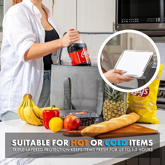 Carrywell (Not Made In China) Insulated Reusable Grocery Bags, Catering and Delivery Bag For Hot and Cold Food, Collapsible Thermal Tote For Doordash
