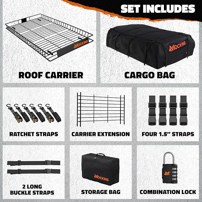 Mockins XXL 90"x50"x6" Heavy Duty Roof Rack Cargo Carrier w/ 50 CuFt Waterproof Rooftop Cargo Bag for Top of Car | All-Weather 250 Lbs Cap Car Top Carrier Roof Basket for SUV RV Van w/Accessories