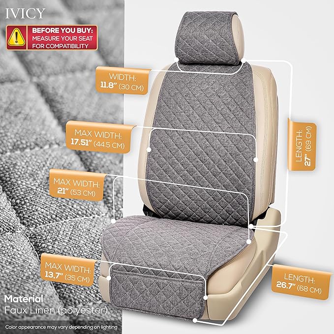 IVICY Faux Linen Front Car Seat Cover – Durable, Non-Slip Seat Protector for Cars – 1 Unit, Cool Gray