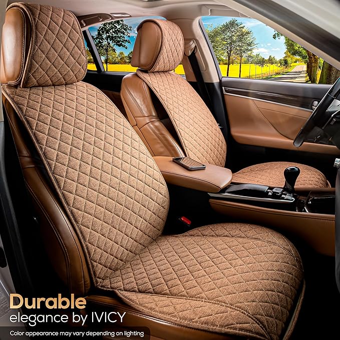 IVICY Faux Linen Front Car Seat Cover – Durable, Non-Slip Seat Protector for Cars – 1 Unit, Light Brown