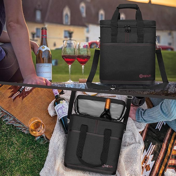 opux 6 Bottle Carrier Tote | Insulated Padded Wine Cooler Bag for Travel. Picnic, BYOB | Portable Leakproof Wine Tote Bag for Dinner, Party, Christmas, Wine Gift for Women, Men (Black)