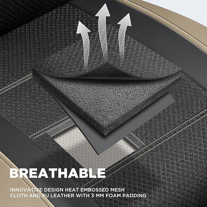 PIC AUTO Car Seat Covers, Premium Leather and Air Mesh Automotive Sports Seat Covers, Two Front Set, Airbag Compatible Universal Fits Most Cars, SUVs, Trucks and Vans (Black & Beige)