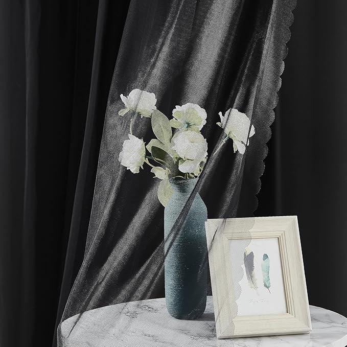 Bujasso Black Full Blackout Curtains with Sheer Overlay Mix and Match Double Layer Thermal Insulated Window Panels 84 inch for Living Room Bedroom Black Drapes with Tiebacks Grommet Top 37" Wx84 Lx2