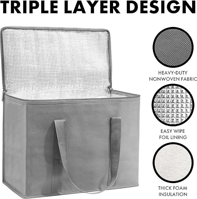 Carrywell (Not Made In China) Insulated Reusable Grocery Bags, Catering and Delivery Bag For Hot and Cold Food, Collapsible Thermal Tote For Doordash