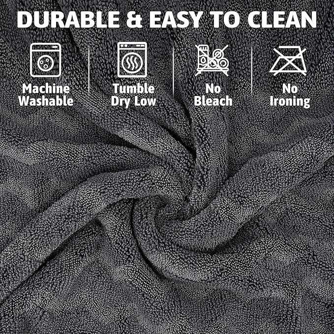 Greenfound Microfiber Towel for Cars, 1000GSM Car Drying Towel, Double Twist Pile & Edgeless Design, No Streaks, Scratches, or Water Spots, Soft and Absorbent, 18"×24", Wave Grey