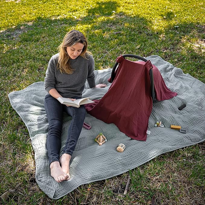 Comfy Cubs Baby Car Seat Cover - Soft, Breathable Bamboo Rayon and Muslin Cotton Blend - Lightweight Canopy for Sun, Bug, and Comfort Protection - Large Size Infant Seat Cover in Wine Design