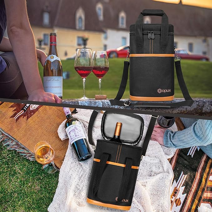 Opux 4 Bottle Insulated Wine Cooler Bag - Leakproof Padded Portable Wine Bottle Carrier for Travel Picnic BYOB Gift (Brown)