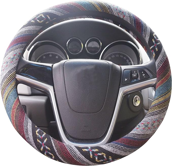 Medium Ethnic Style Coarse Flax Cloth Automotive Steering Wheel Cover Anti Slip and Sweat Absorption Auto Car Wrap Cover (14.5''-15'',E)