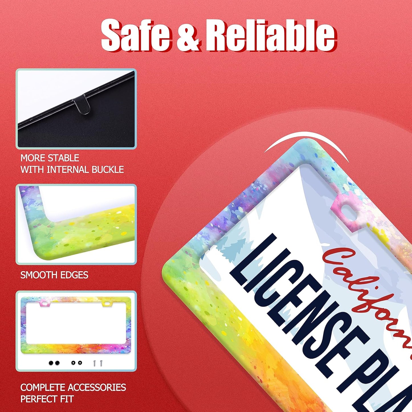 Colorful Rainbow Personalized License Plate Frame License Plate Stainless Steel o Parts Funny License Plate Decorative with Screws Size 12.3" x 6.3" for Men Women