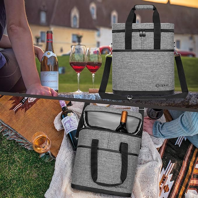 opux 6 Bottle Carrier Tote | Insulated Padded Wine Cooler Bag for Travel. Picnic, BYOB | Portable Leakproof Wine Tote Bag for Dinner, Party, Christmas, Wine Gift for Women, Men (Heather Gray)