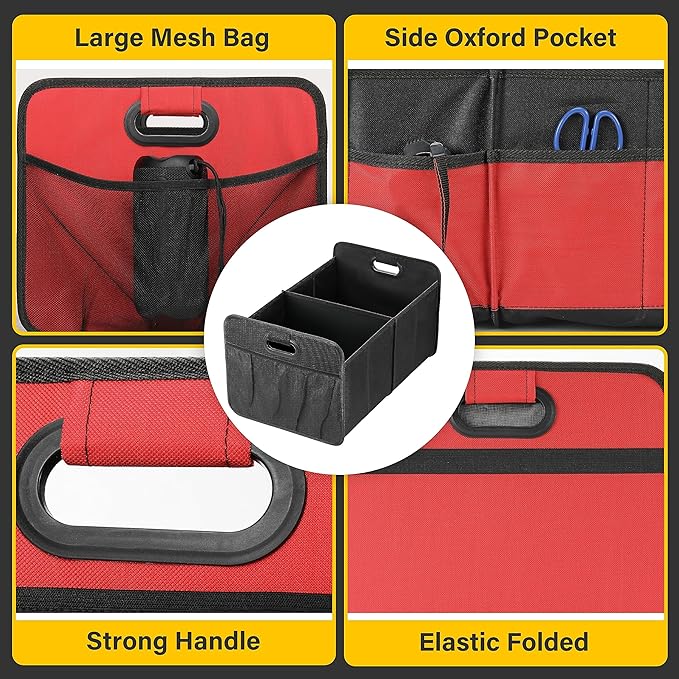 YSSOA 2 Compartments Car Trunk Organizer, 600D Waterproof Oxford Polyester Car Storage, Anti-slip 14" D x 22" W x 12" H Collapsible Trunk Storage, Suitable for SUV, Minivan, Truck, Red