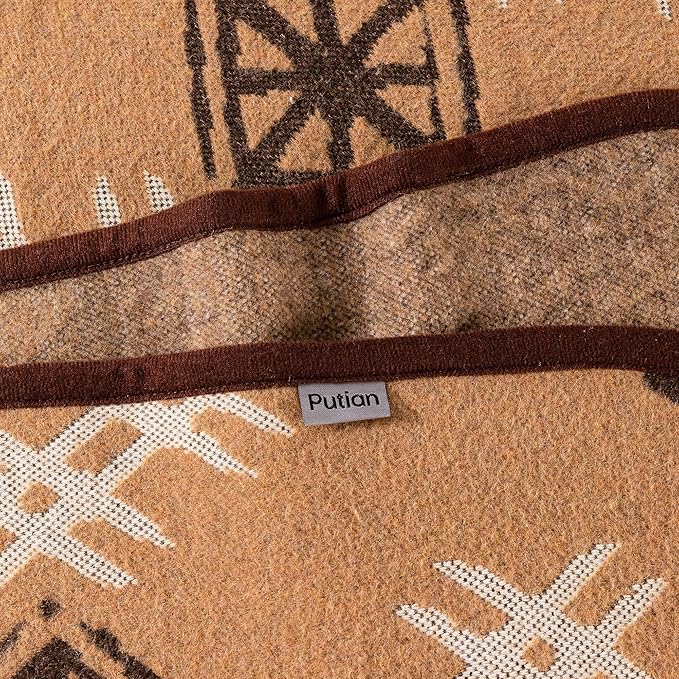 PuTian Merino Wool Blanket - Soft Warm Heavy Washable Large Bed Throw for Outdoor Camping Couch Van Travel Grass, 87x63 Khaki Boho