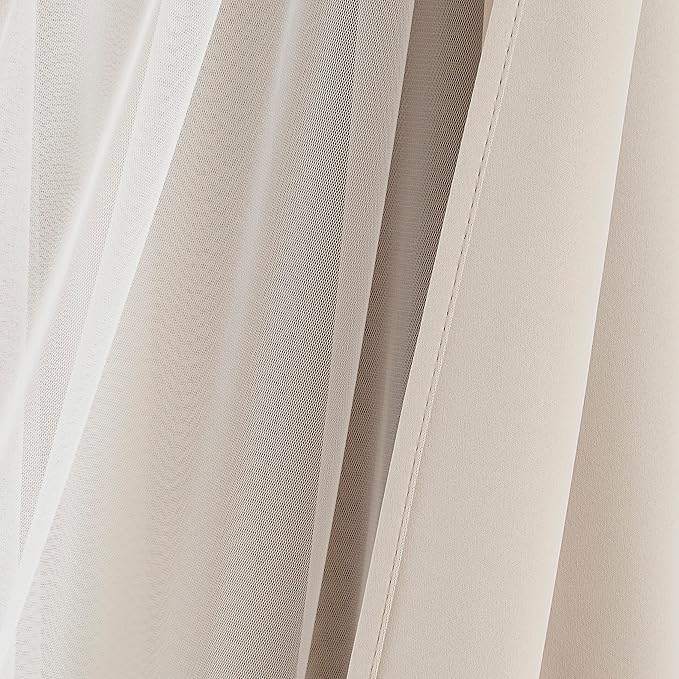 Bujasso Beige 80% Blackout Curtains with Sheer Overlay Mix and Match Double Layer Thermal Insulated Window Panels 102 inch for Living Room Bedroom Beige Drapes with Tiebacks Grommet Top 54" Wx102 Lx2