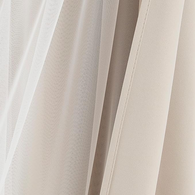 Bujasso Beige 80% Blackout Curtains with Sheer Overlay Mix and Match Double Layer Thermal Insulated Window Panels 90 inch for Living Room Bedroom Beige Drapes with Tiebacks Grommet Top 54" Wx90 Lx2
