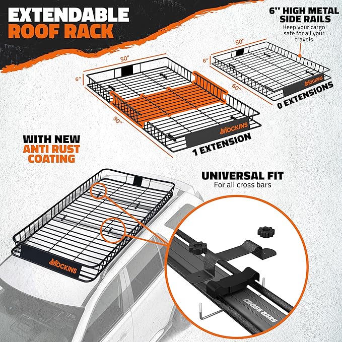 Mockins XXL 90"x50"x6" Heavy Duty Roof Rack Cargo Carrier w/ 50 CuFt Waterproof Rooftop Cargo Bag for Top of Car | All-Weather 250 Lbs Cap Car Top Carrier Roof Basket for SUV RV Van w/Accessories