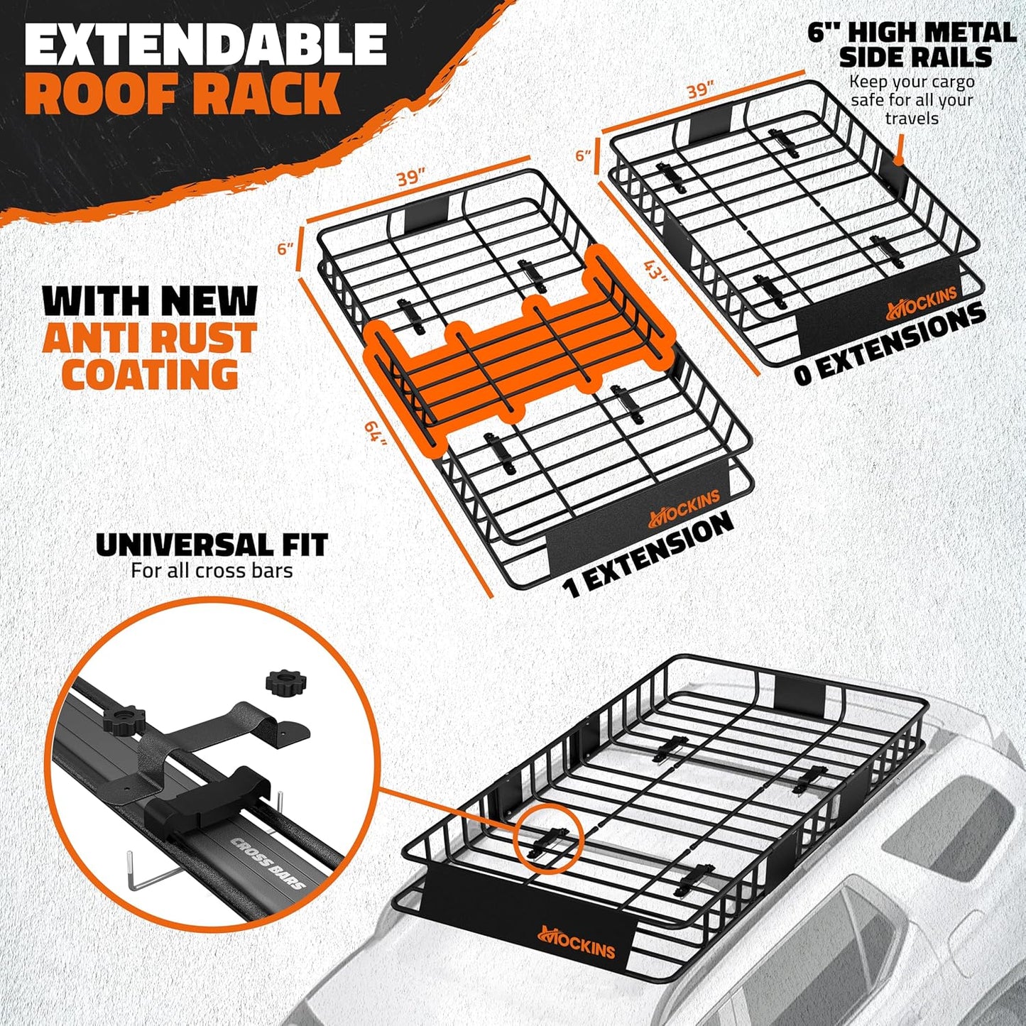 Mockins 64"x39"x6" Heavy Duty Roof Rack Cargo Carrier for Top of Vehicle w/ 20 CuFt Waterproof Rooftop Cargo Bag | 250Lbs Cap Extendable Roof Basket Luggage Rack for SUV, Car, RV & Van w/Accessories