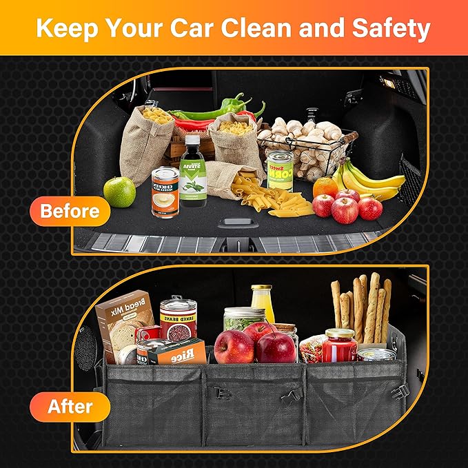YSSOA Multi Compartments Car Trunk Organizer, 600D Anti-slip Waterproof Oxford Polyester Car Storage, with Adjustable Strap, 15"D x 32"W x 12"H Collapsible Trunk Storage, for SUV, Truck, Black